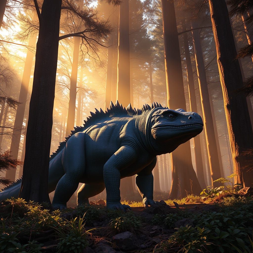 Majestic Iguanodon in a Lush Forest Landscape in Dark Fantas...