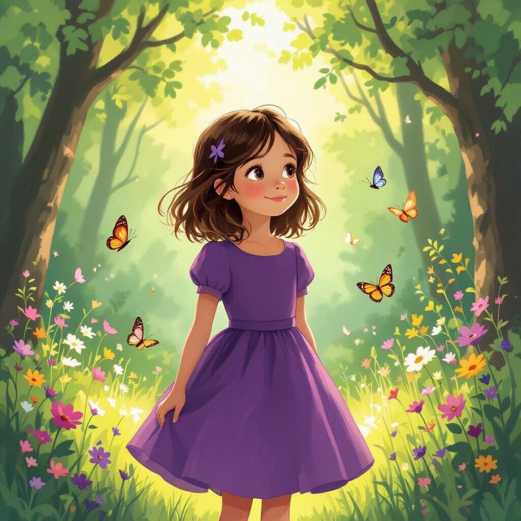 Whimsical Girl in Purple Dress in Forest Clearing
