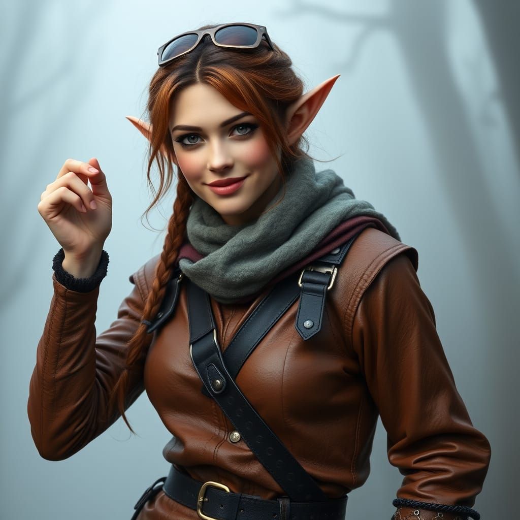 Mature Elf in Elegant Leather Attire Amidst Foggy Atmosphere