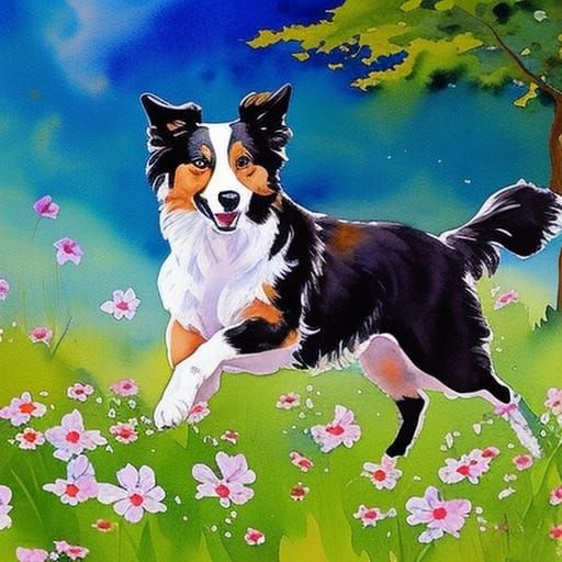 Border Collie Runs Through Cosmos Field in Gouache Style