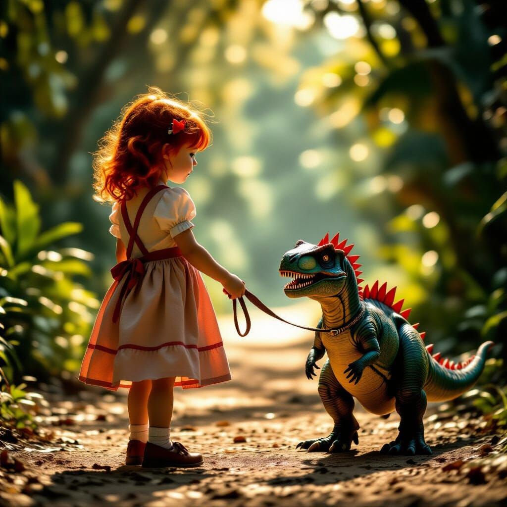 Girl Leads Dinosaur: Cinematic Film Still