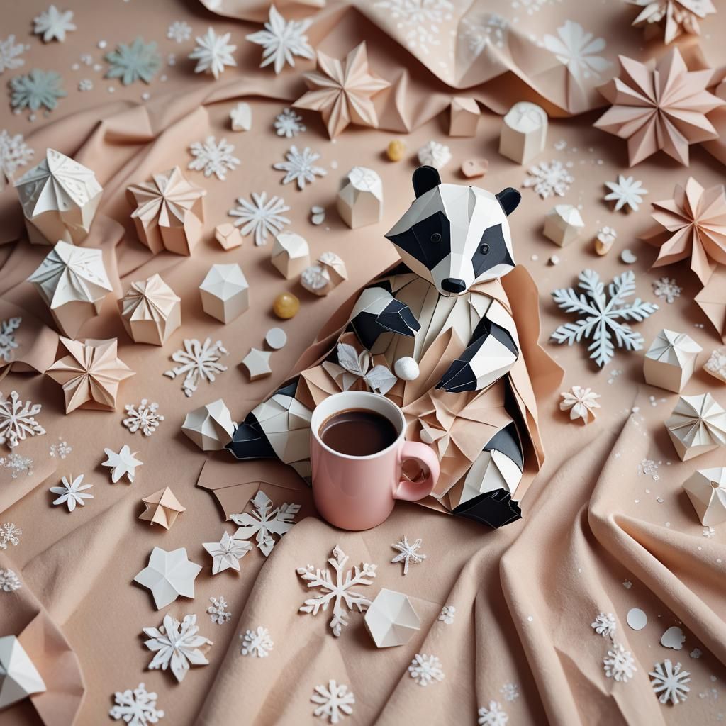 Cozy Badger Enjoying Hot Chocolate in Papercraft Style