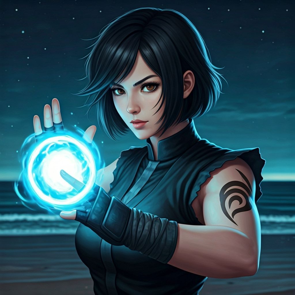 Woman Preparing Blue Hadouken on Night Beach