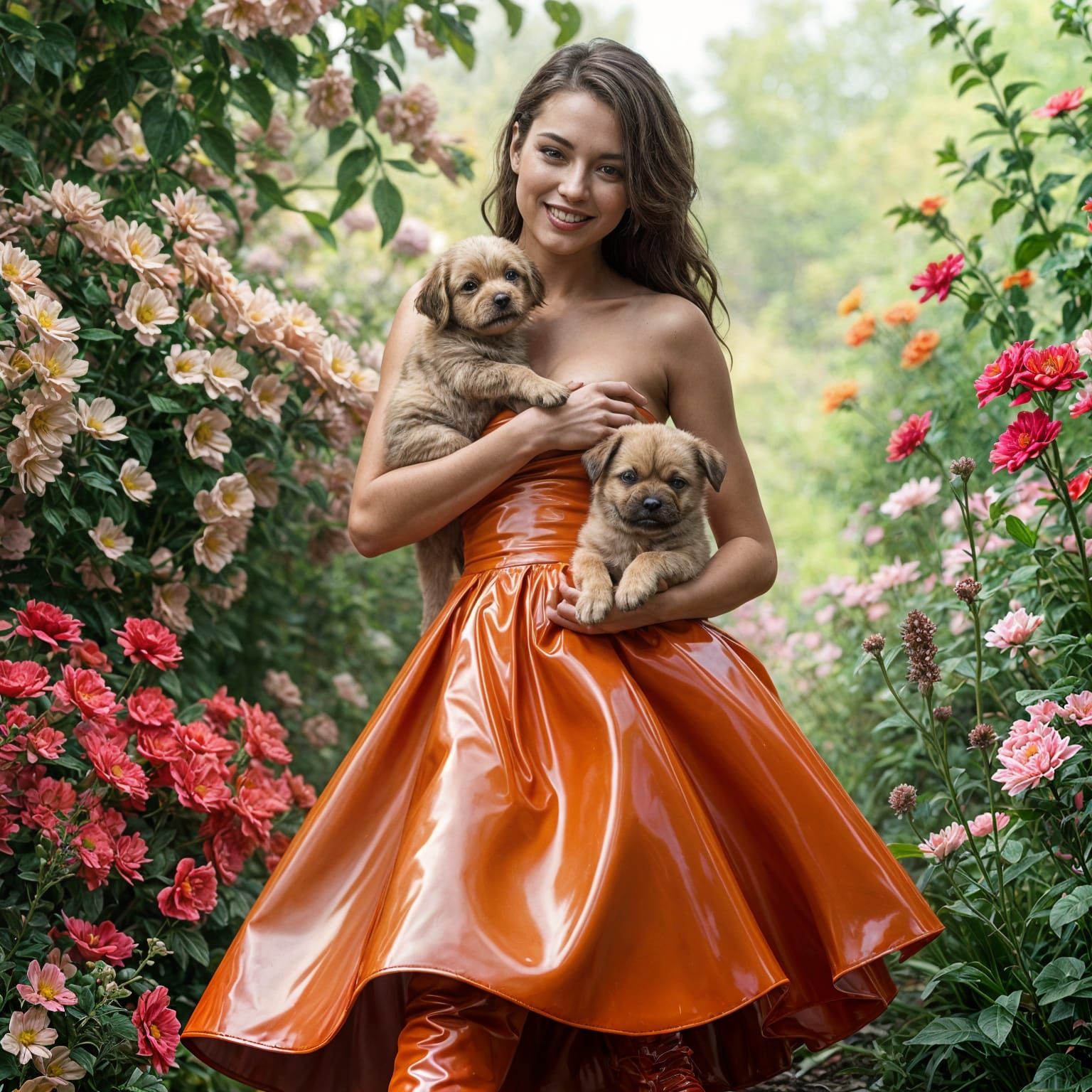 Vibrant Woman Cuddles Puppy in Whimsical Garden Scene
