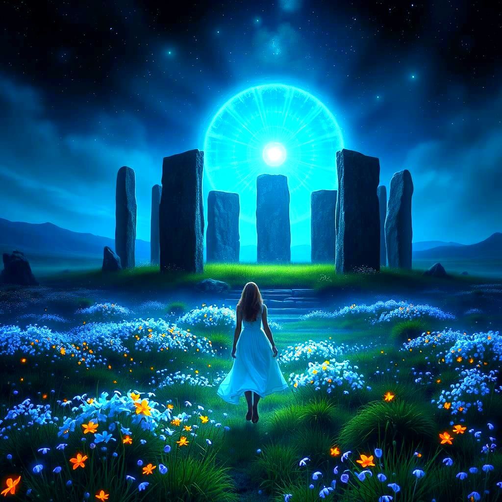Mystical Woman Approaches Ancient Standing Stones Under Cele...