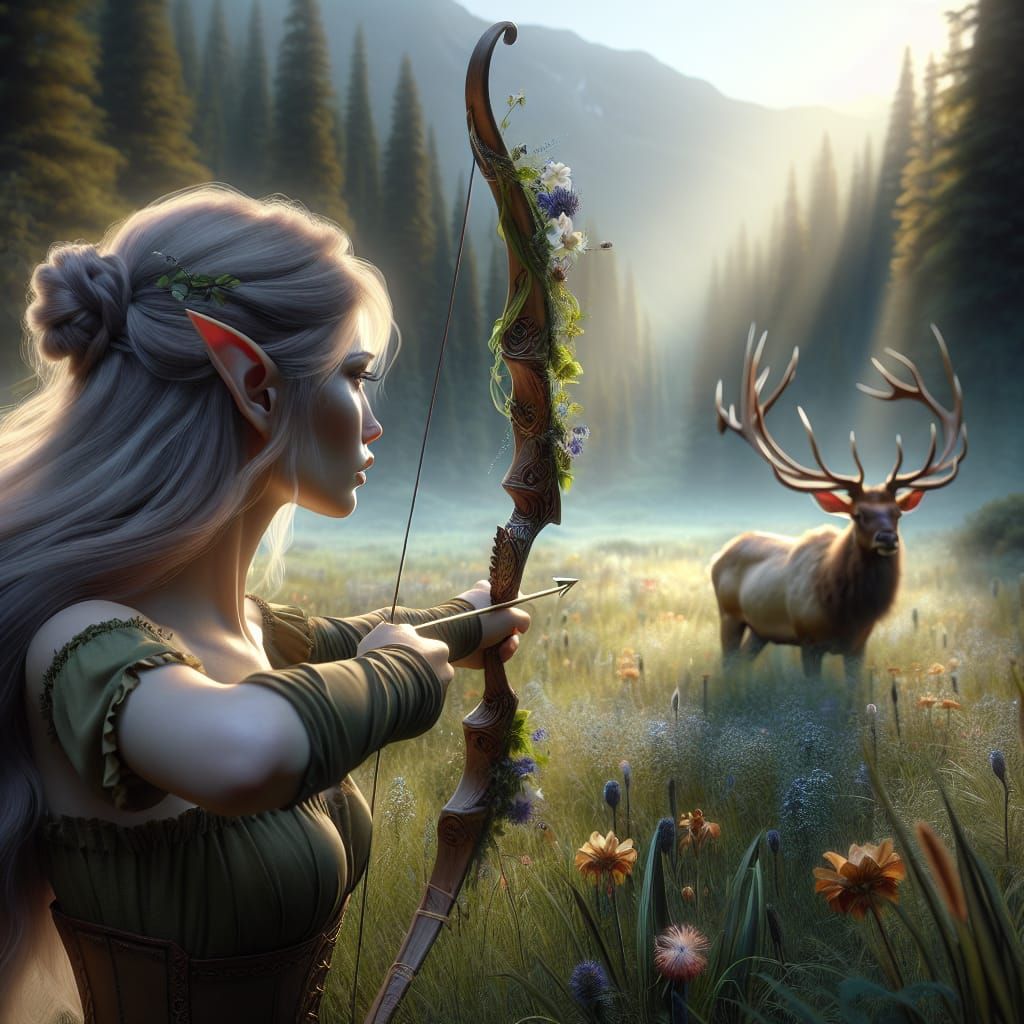 Elf Huntress Aims Bow in Sunlit Meadow