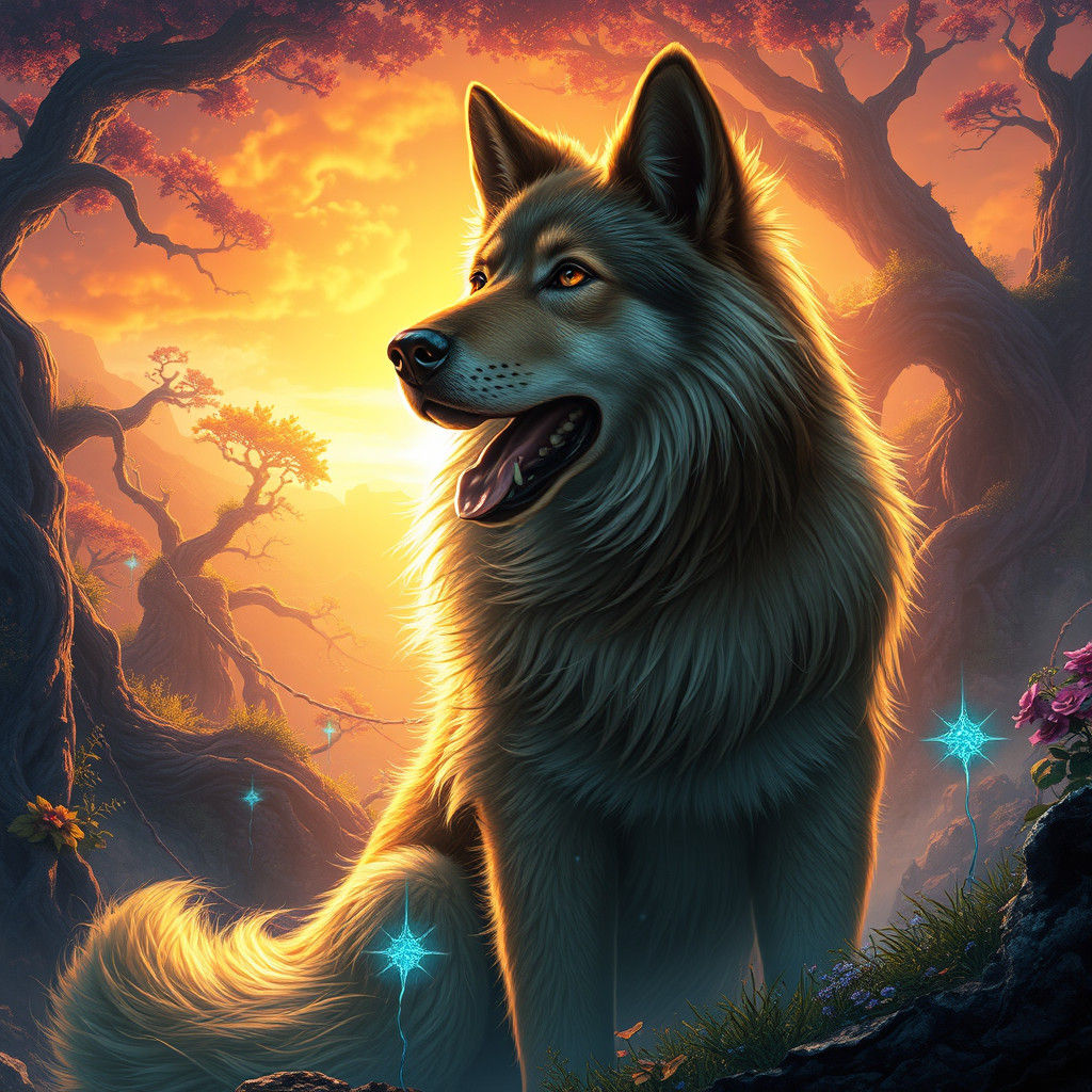 Majestic Mother Dog in Dreamlike Fantasy Landscape