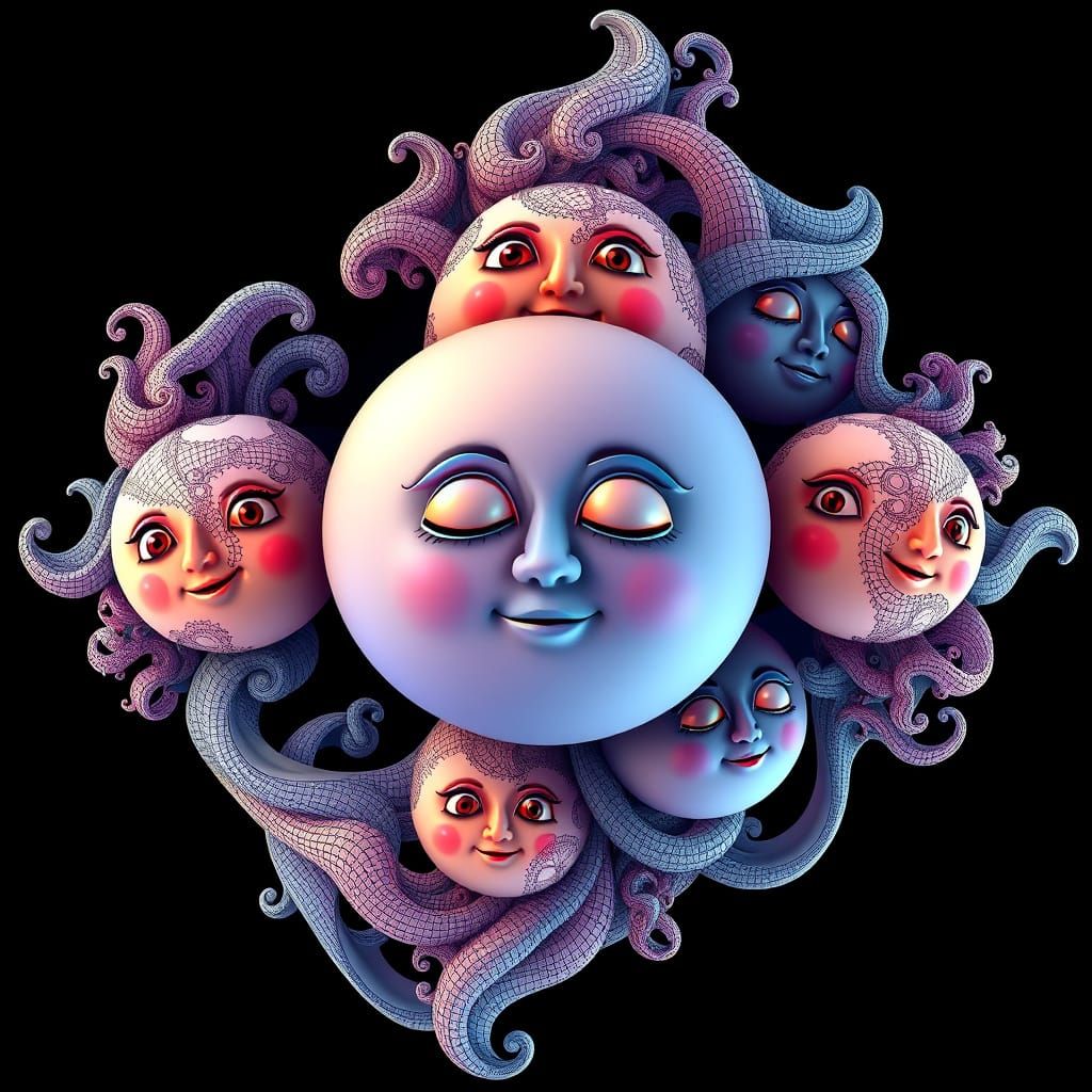 Abstract Fractal Faces with Wave Patterns and 3D Shading