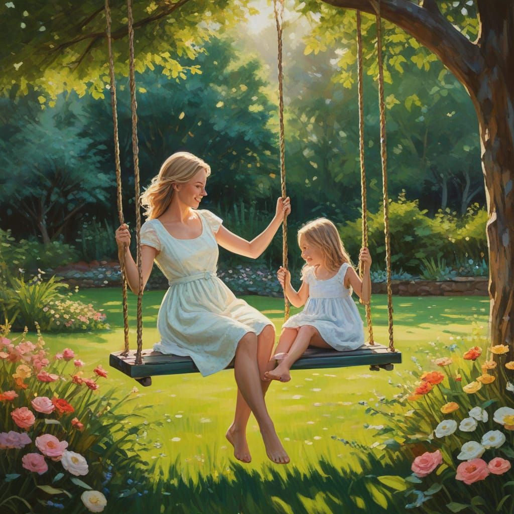 Mother and Daughter in Whimsical Summer Garden