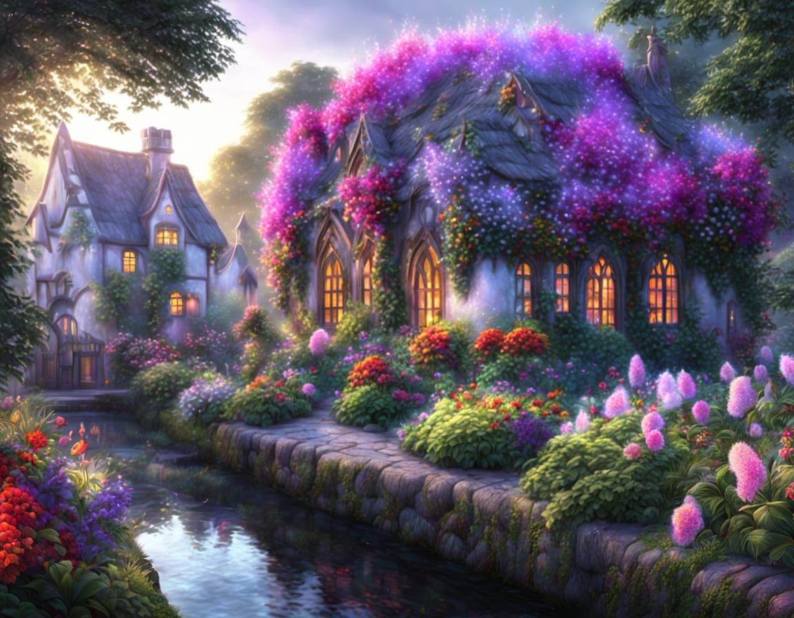 Magical Garden at Night with Purple & Red Hues