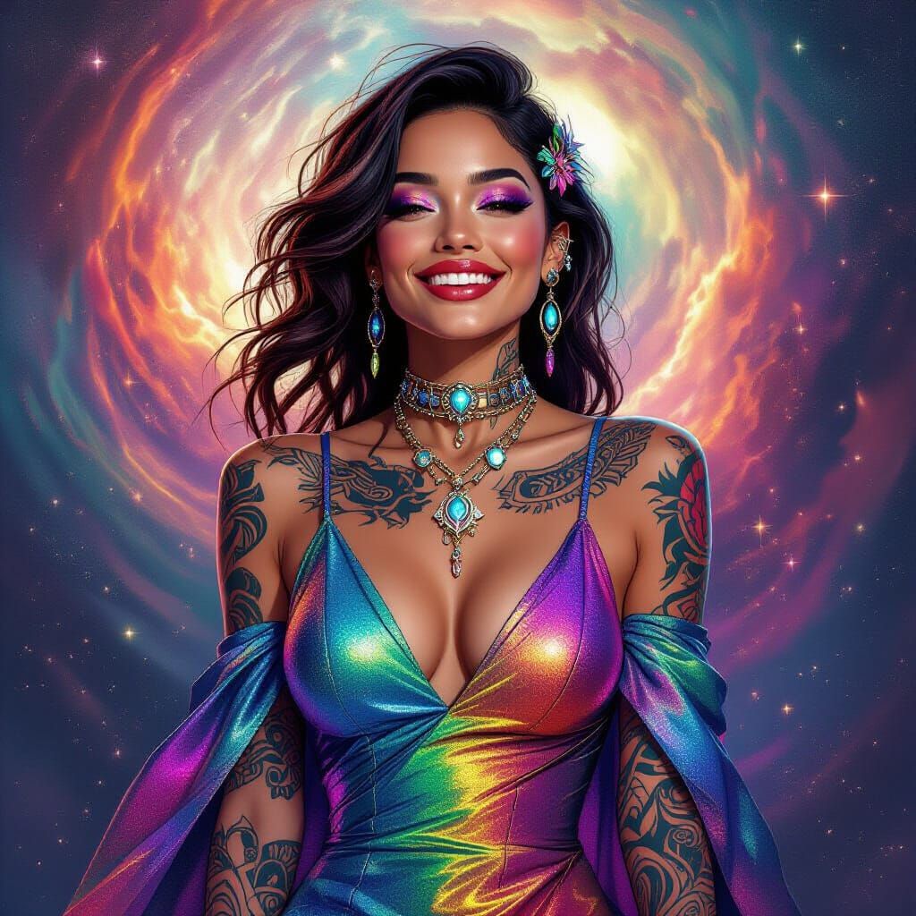 Tattooed Woman in Cosmic Setting, Digital Art