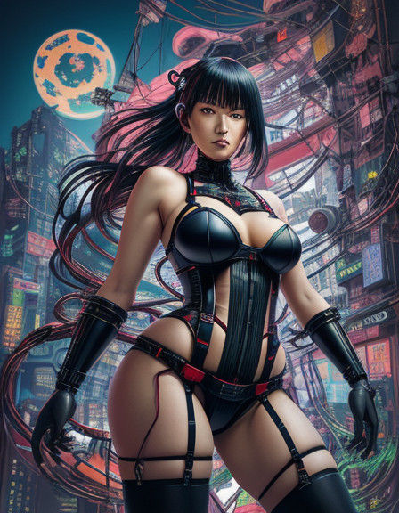 Cyberpunk manga illustration. Medium shot. Cheerful BBW woman in Santa Claus costume, bustier, suspender belt, women's s...