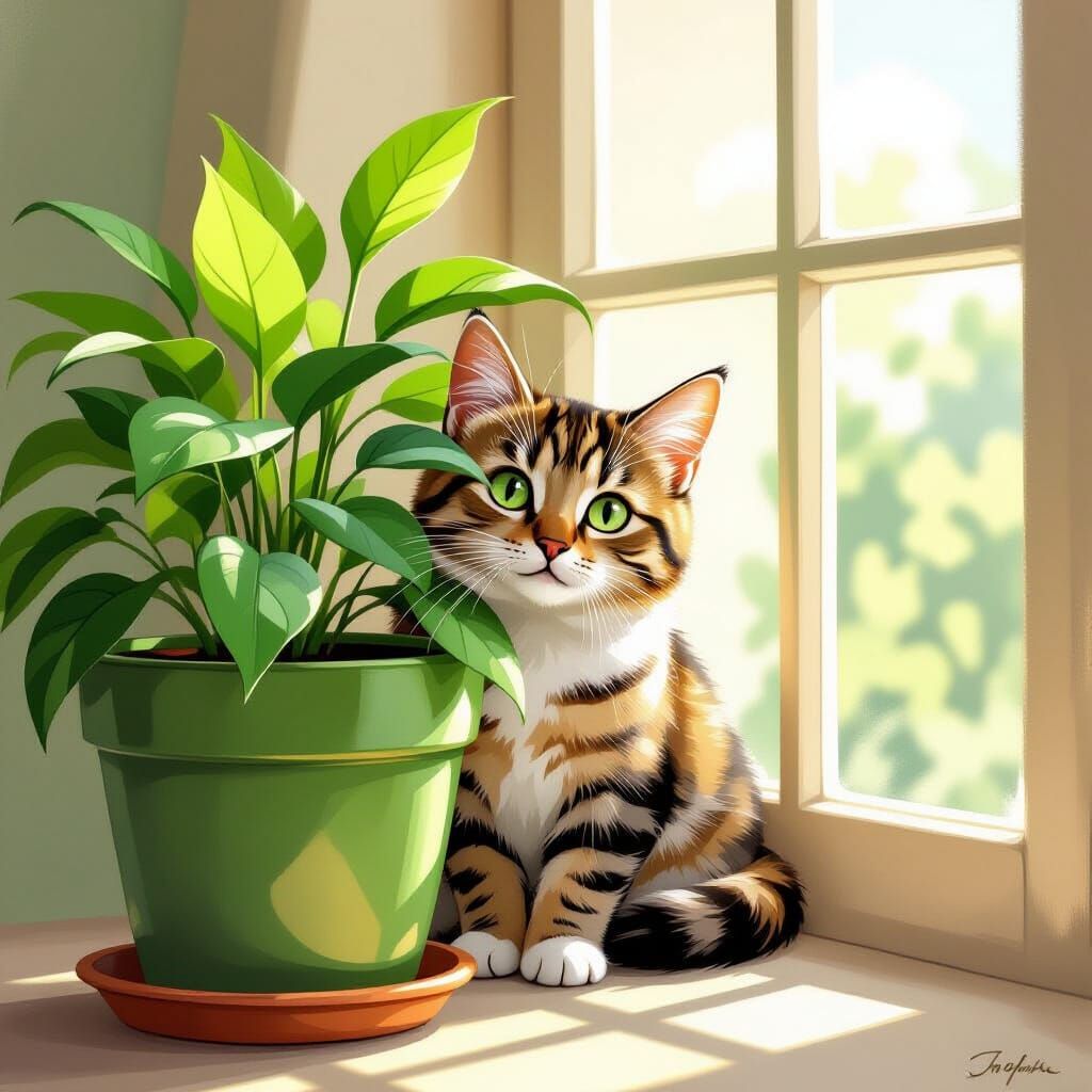 Tabby Cat Peeking from Plant in Whimsical Illustration Style