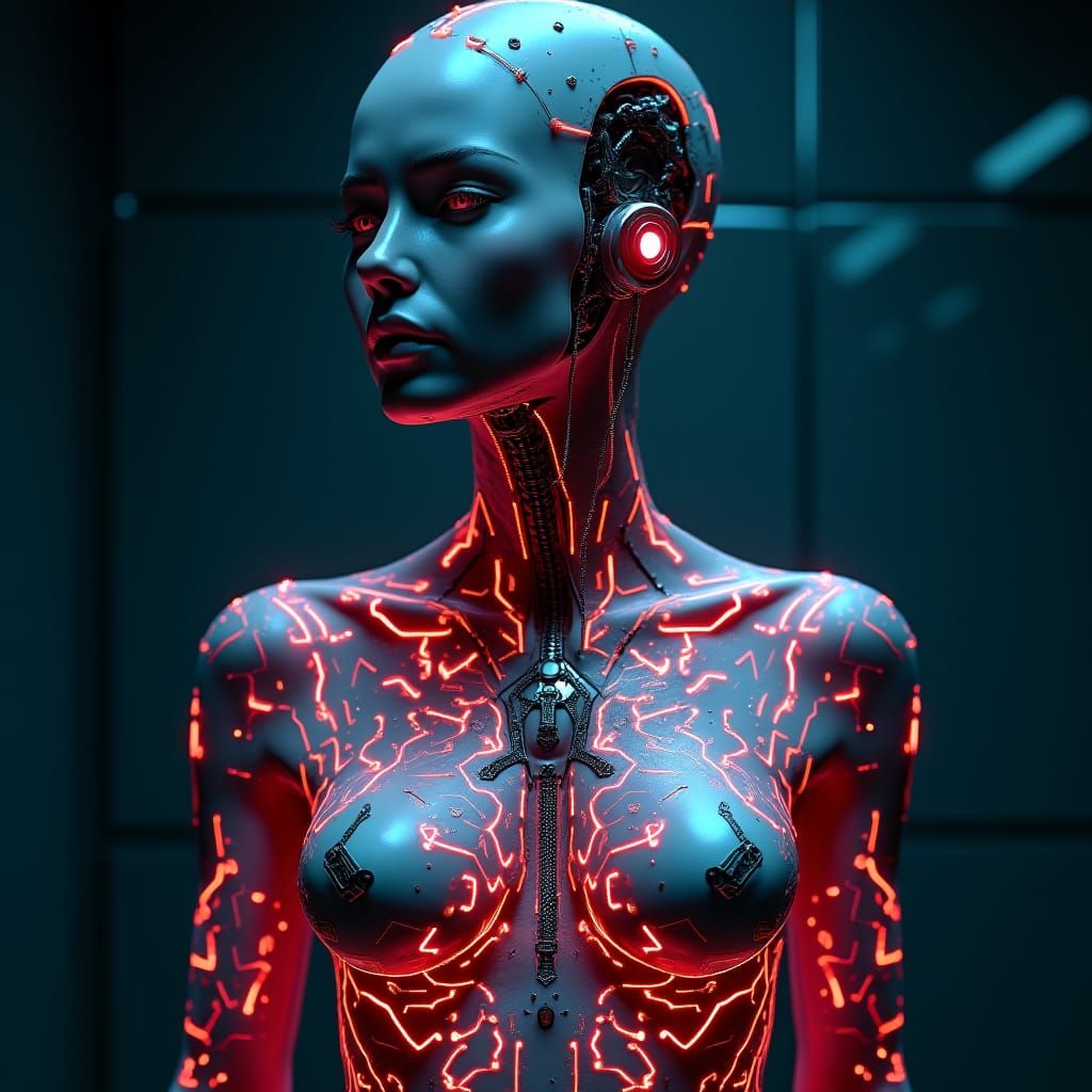 Futuristic Cyborg Woman with Neon Circuitry