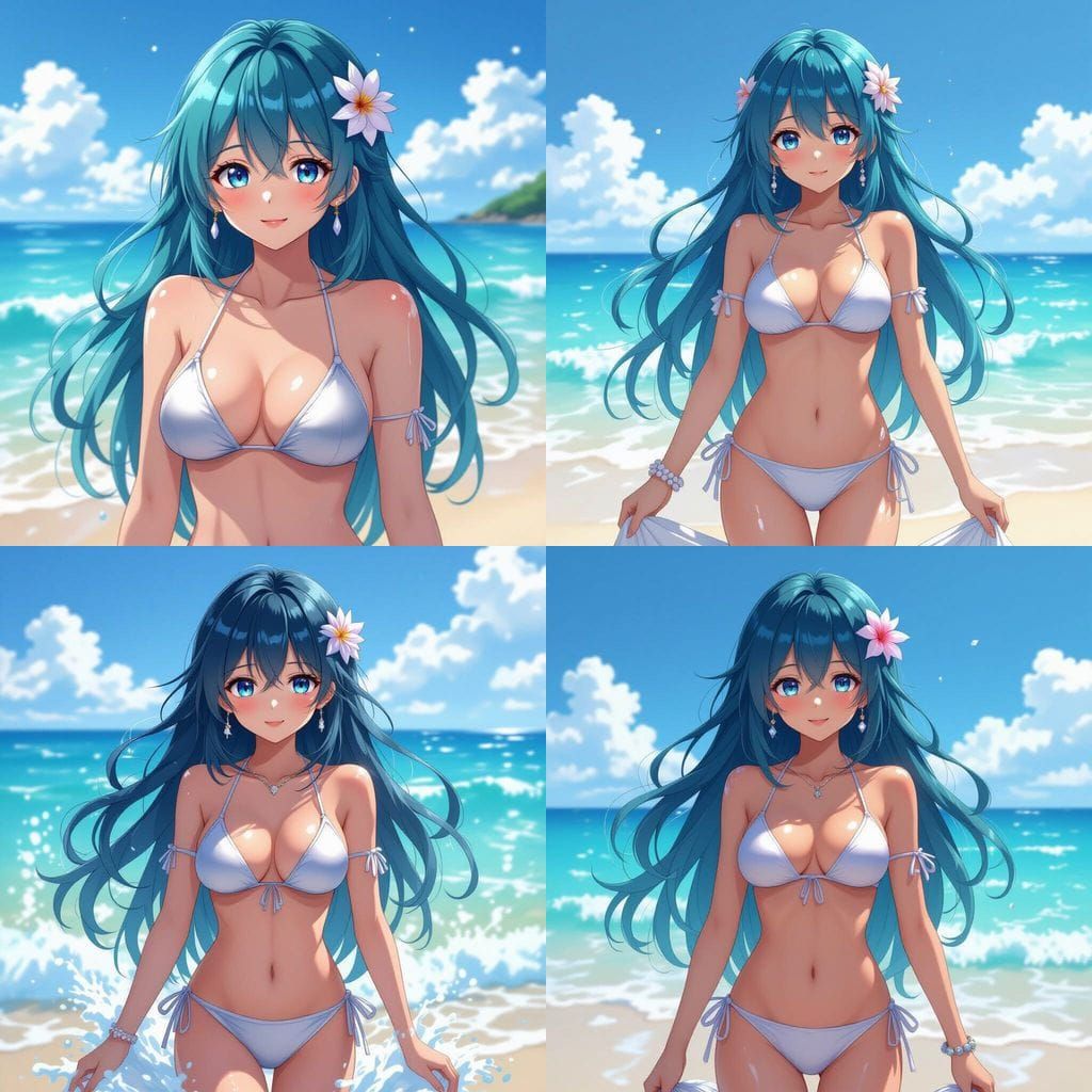 Anime Woman with Aqua Hair at Shoreline