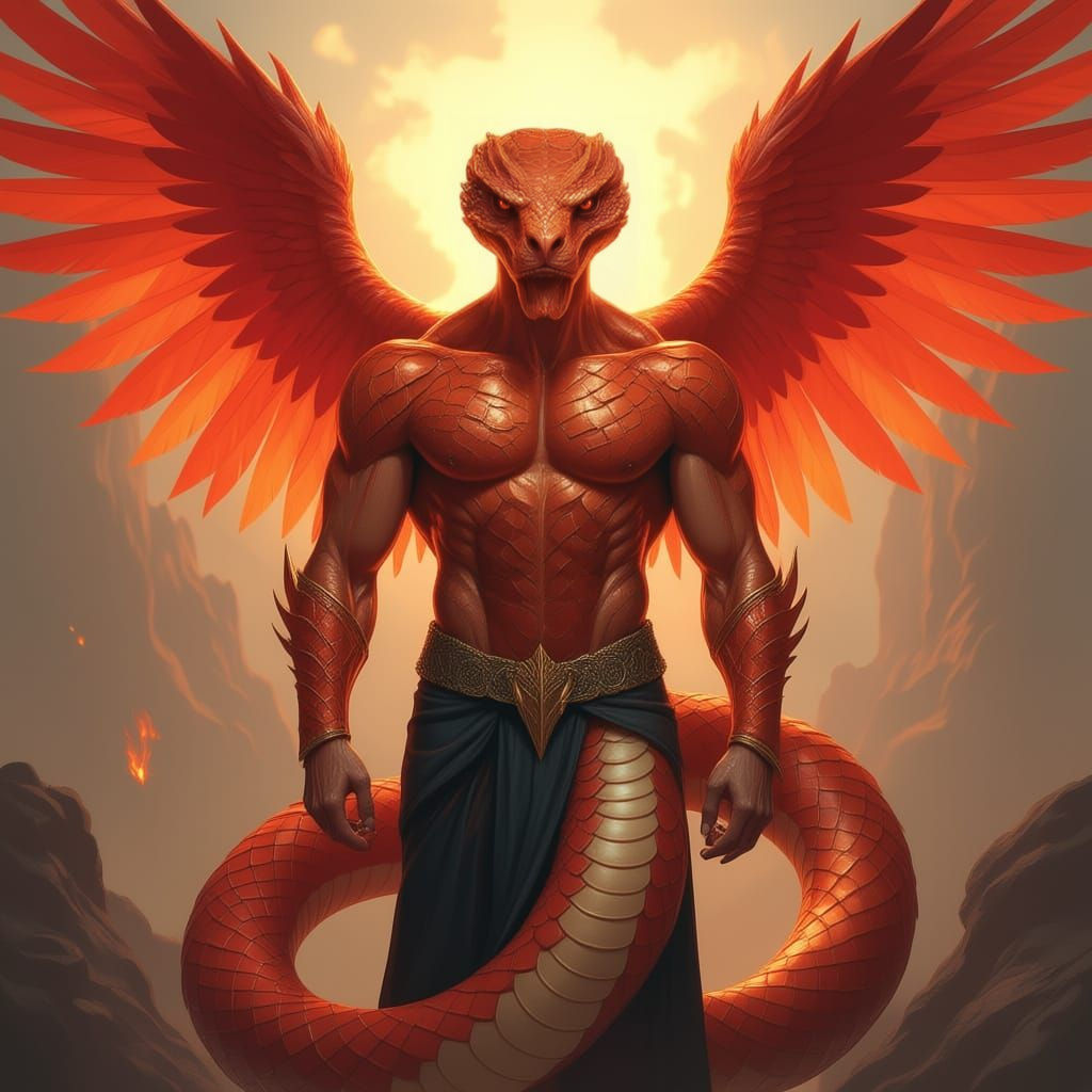Mythical Serpent Man with Fiery Phoenix Wings