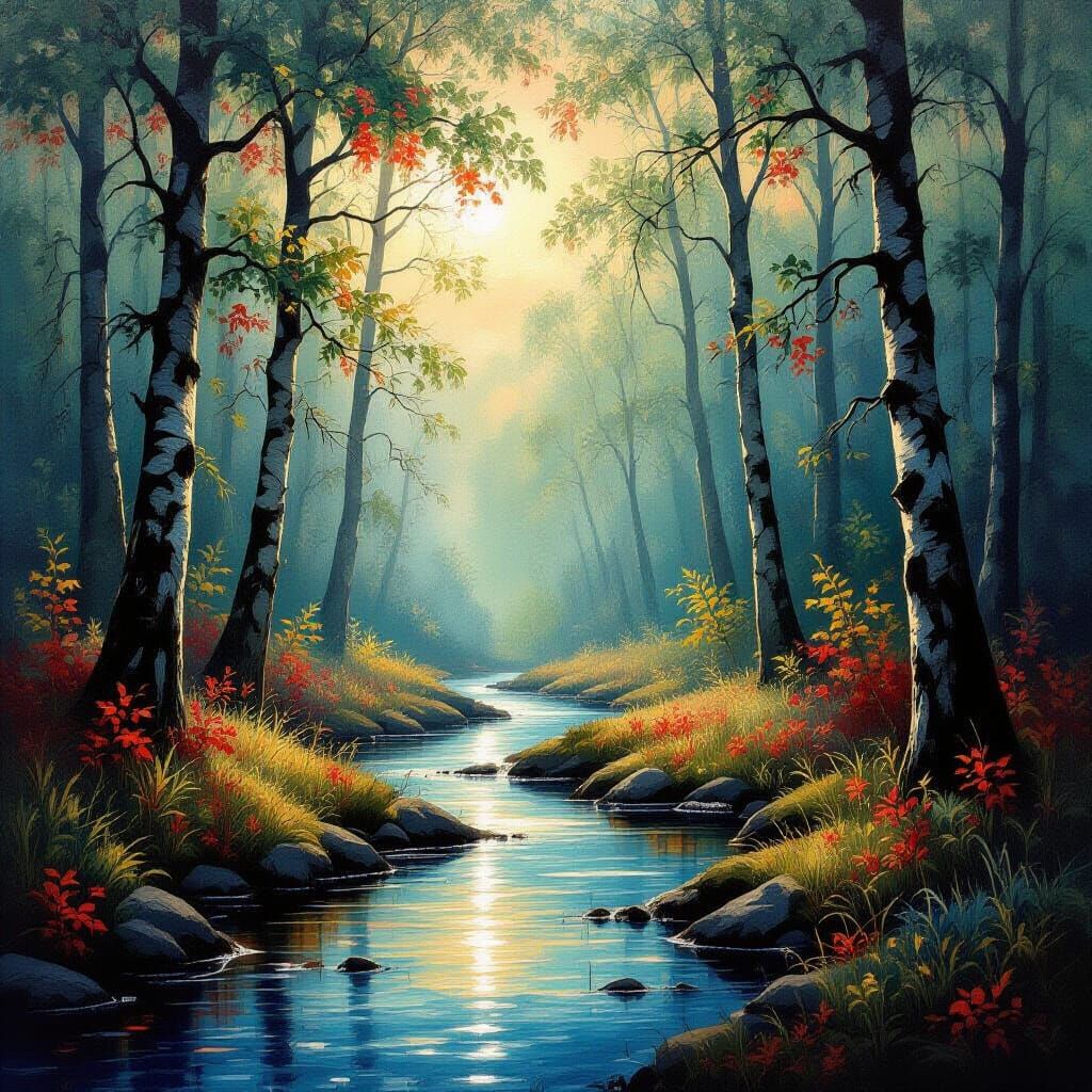 Ethereal Forest Scene with Golden Sunbeams