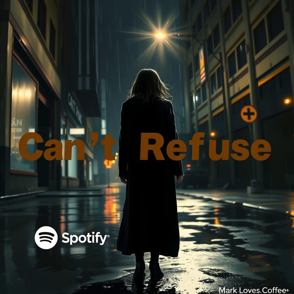 Noir Woman in Rain with Neon Text Overlay