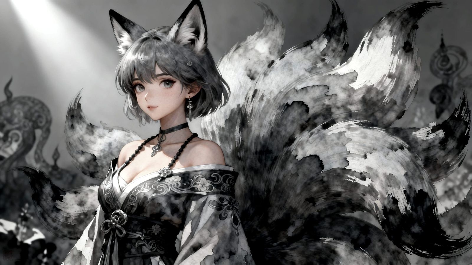 Anime Gray Kitsune Girl with Guache Impasto Style