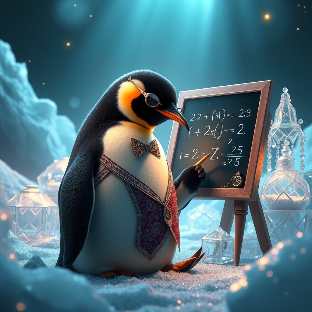 Majestic Penguin Mathematician in Ethereal Ice Landscape