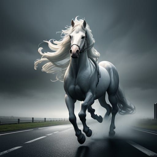 White Horse Gallops Through Foggy Cityscape