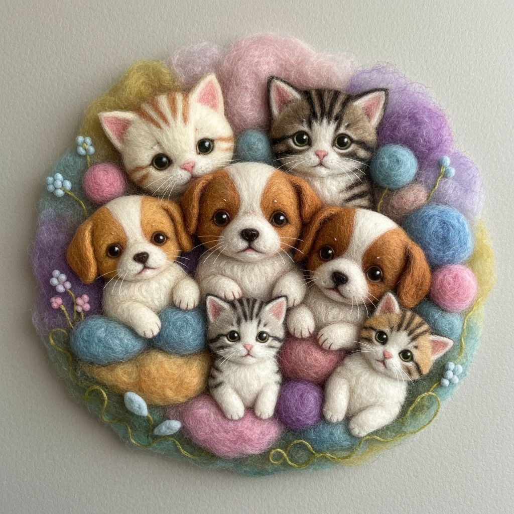 Puppies and Kittens in Textile Folk Art Style
