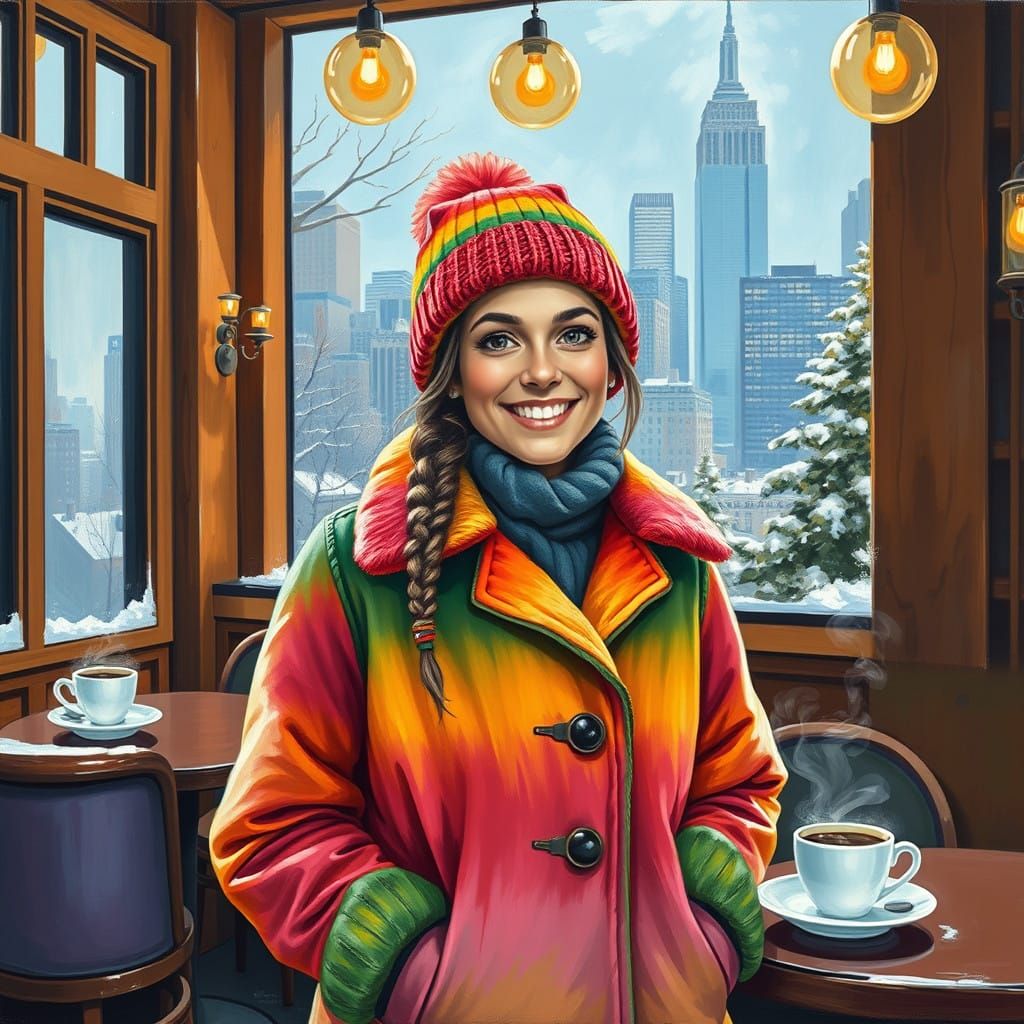Surreal Lady Delights in Cozy Coffee Shop Scene