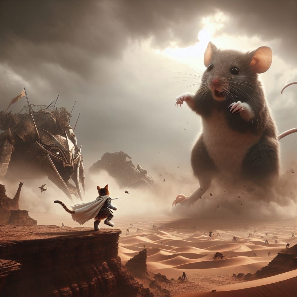 Armored Cat's Desert Battle Against Giant Mouse