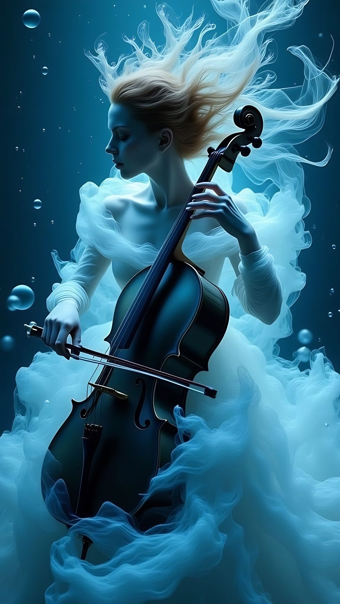 Ethereal Woman in Dreamlike Aura, Playing Cello in an Underw...