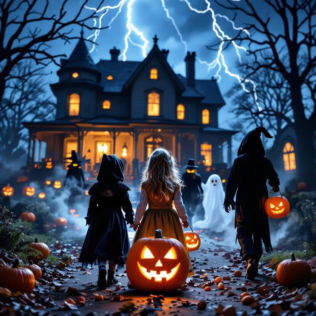 Spooky Halloween Night with Haunted Houses and Eerie Costume...