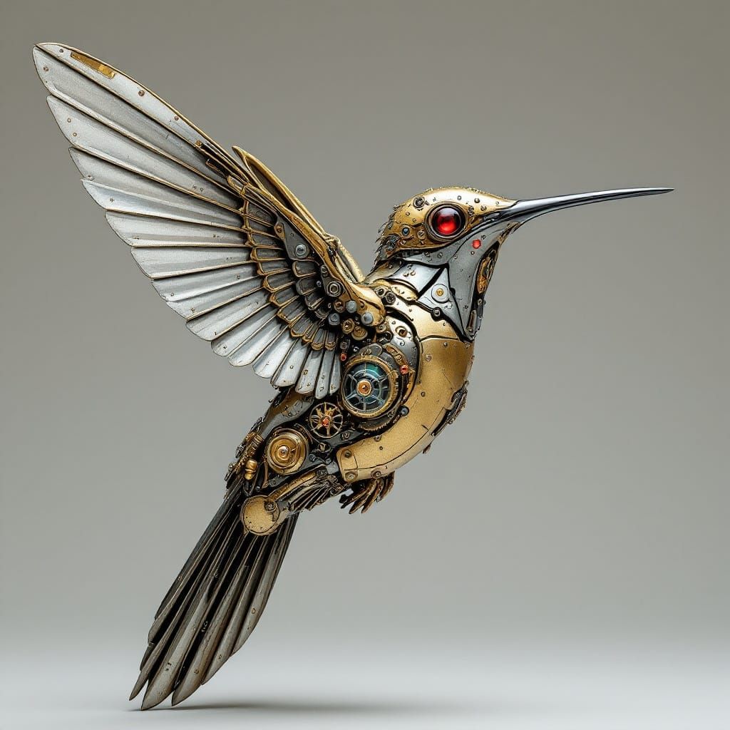 Mechanical Hummingbird with Brass and Chrome Details