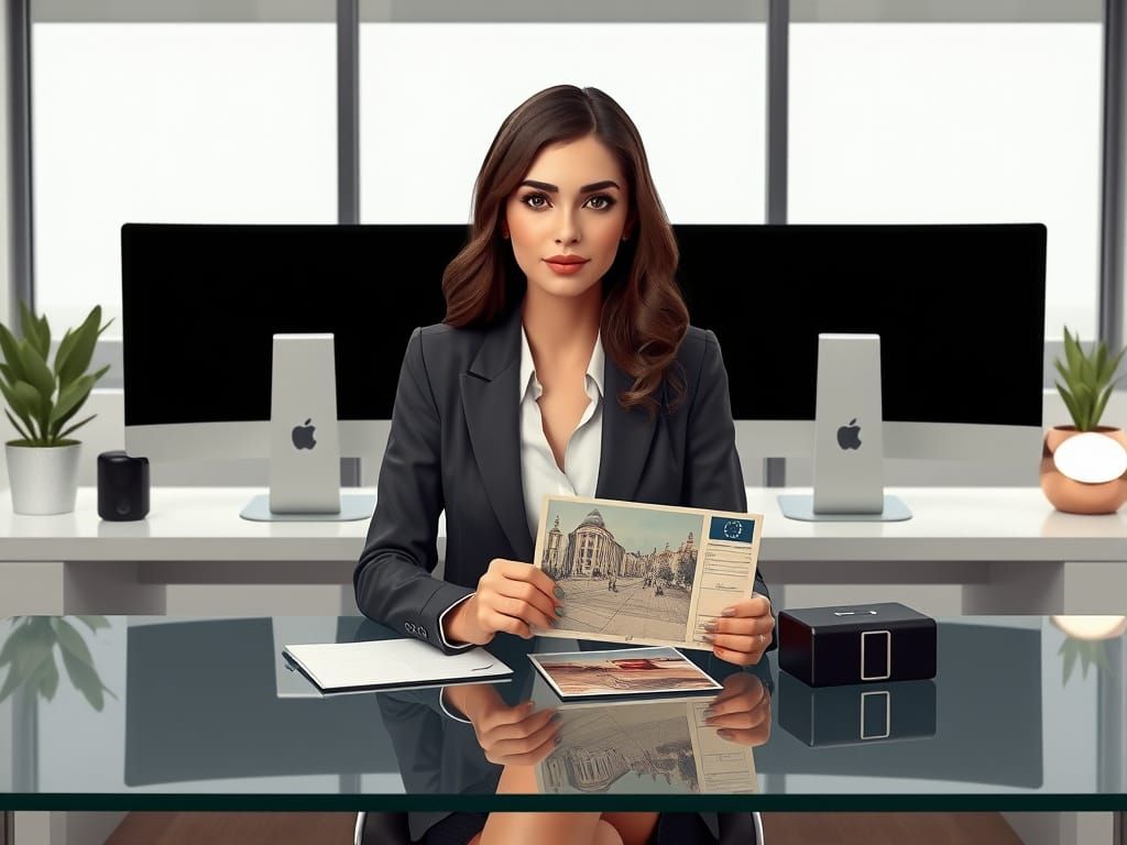Businesswoman with Postcard in Syd Mead Style Office
