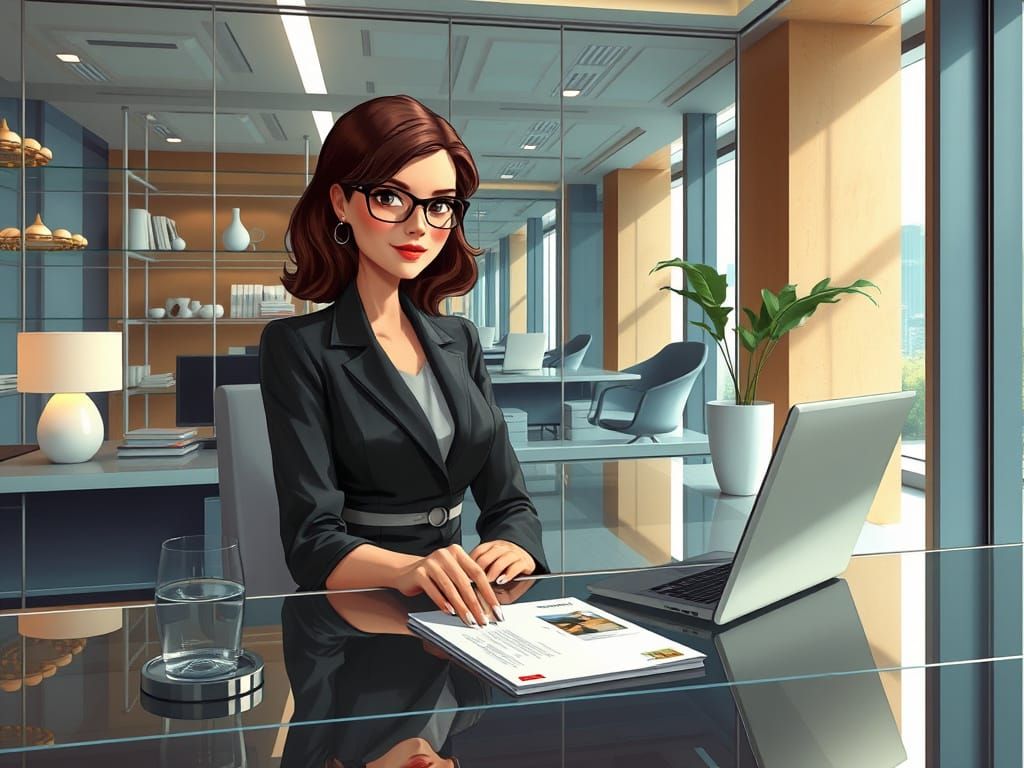 Businesswoman in Modern Office, Digital Art Style