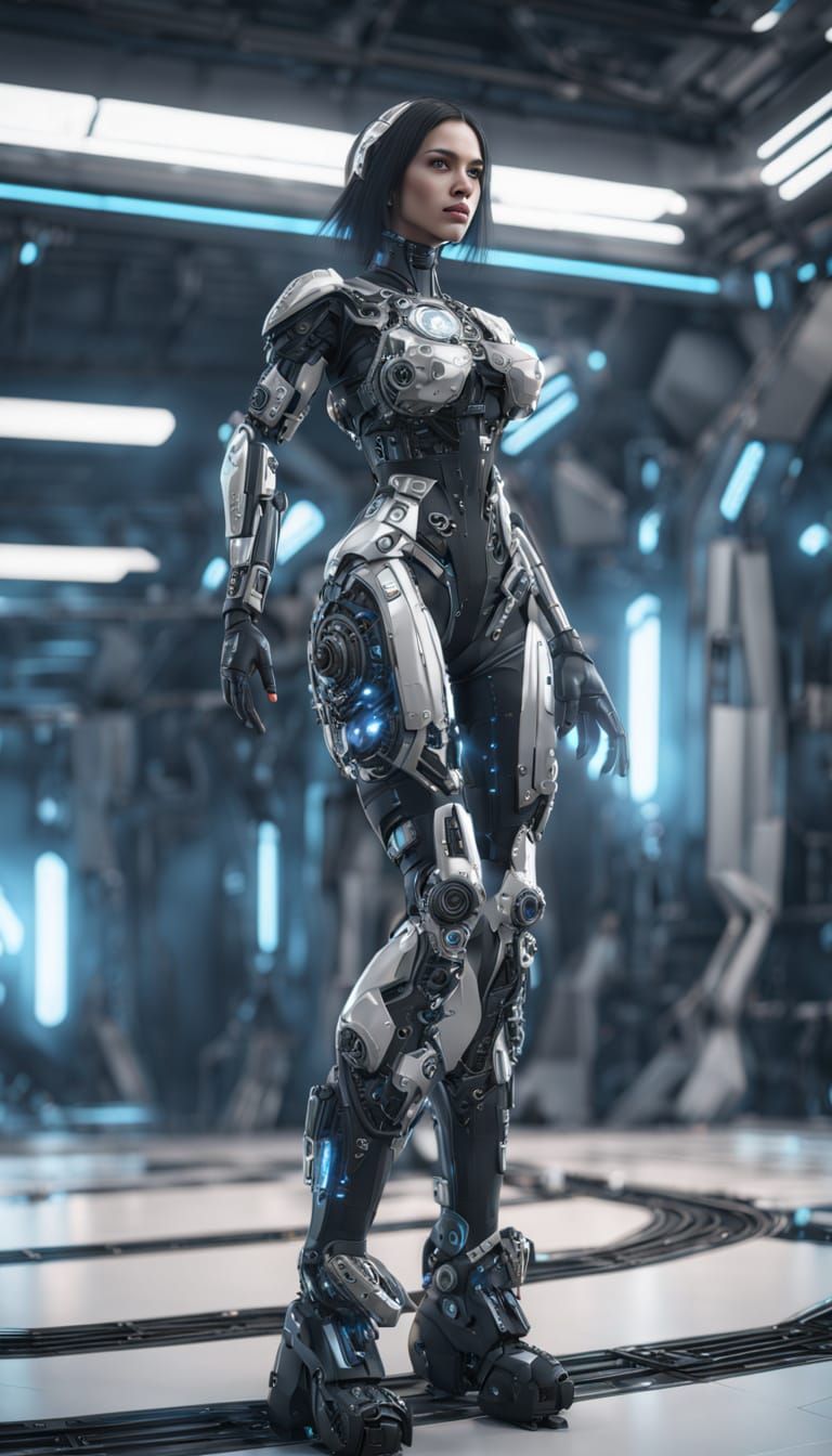 Futuristic Woman with Intricate Mech Details in Sci-Fi Scene