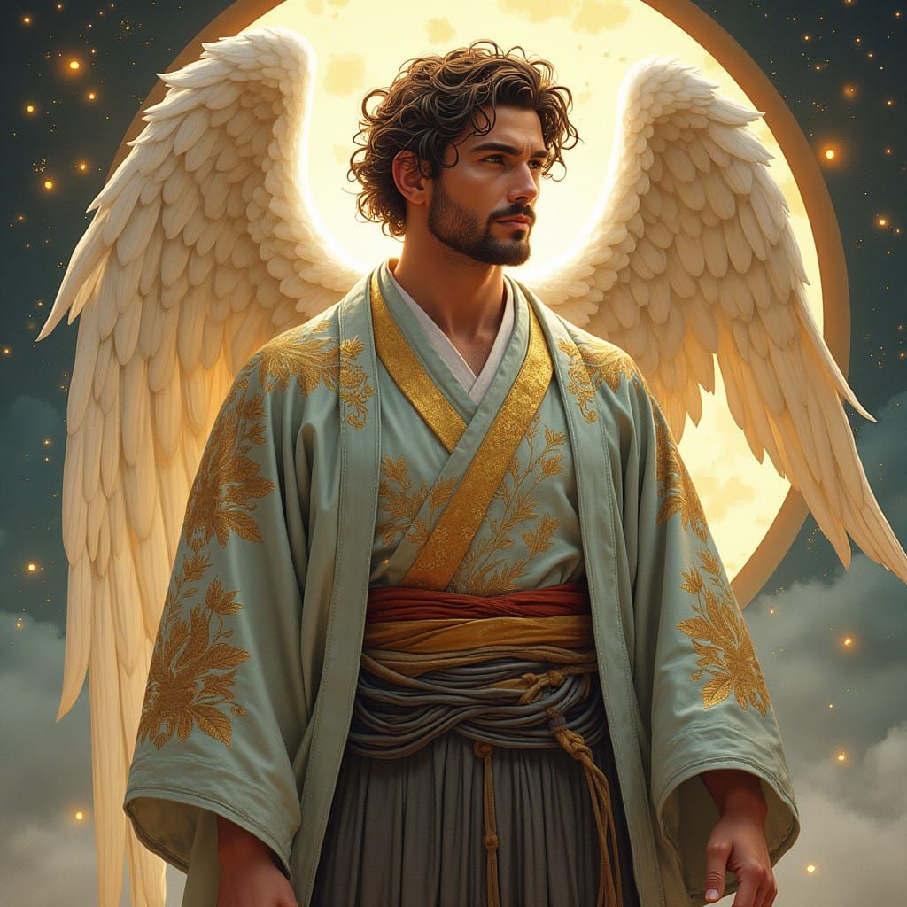 Archangel Metatron in Japanese Attire, Watercolor Style