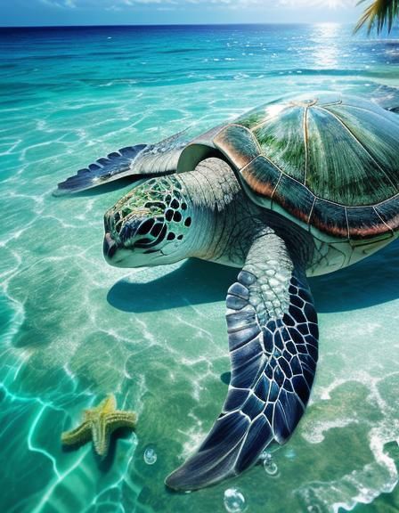 Photorealistic Turtle with Starfish on Tropical Beach