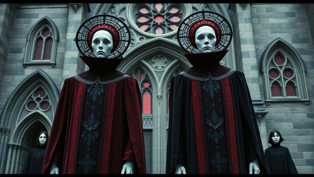 Eerie Figures Guarding Gothic Cathedral in Cinematic Style