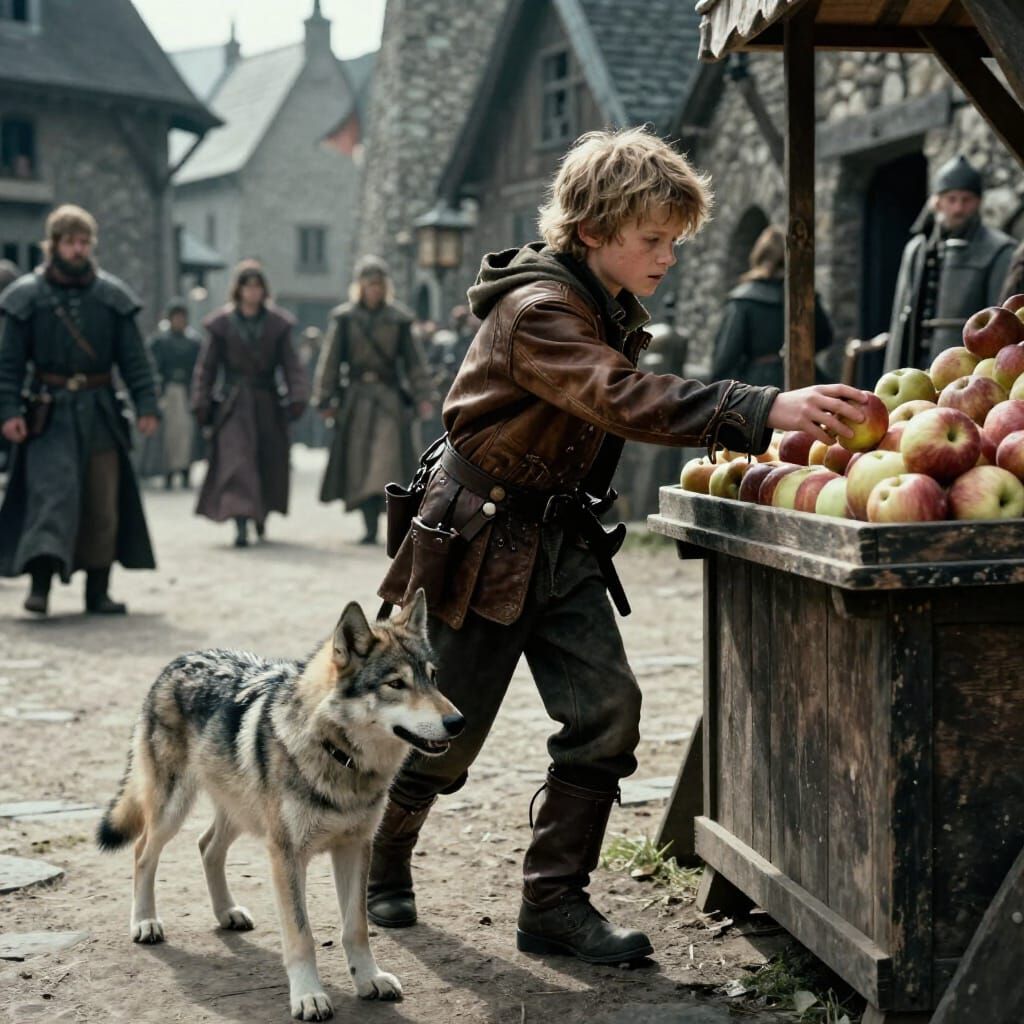 Orphan Rogue Boy and Wolf Pup in Medieval Village