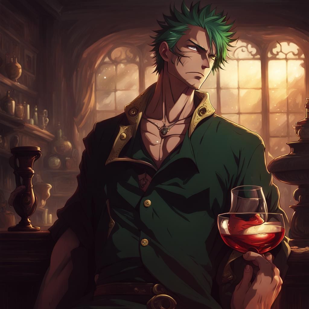 Zoro and Mihawk Drinking Wine in One Piece Style