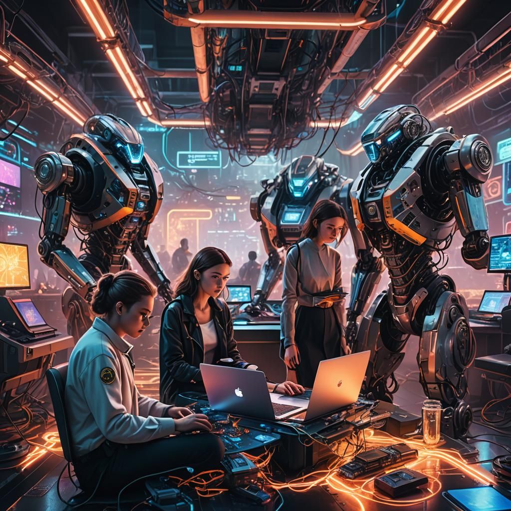 Futuristic Coders in Neon Sci-Fi Environment