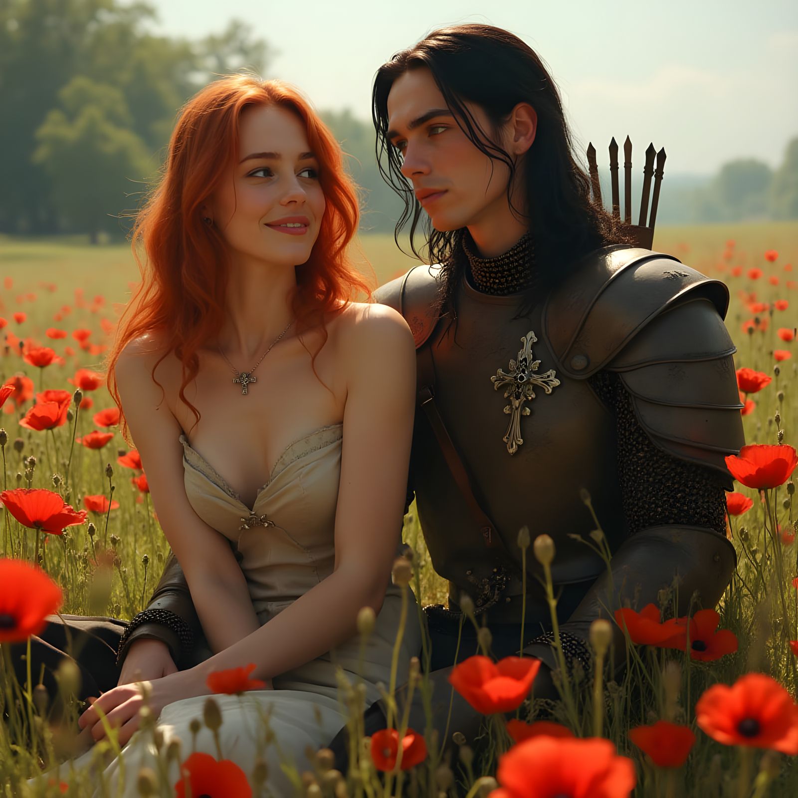 Archer and Auburn Haired Woman in Poppy Field