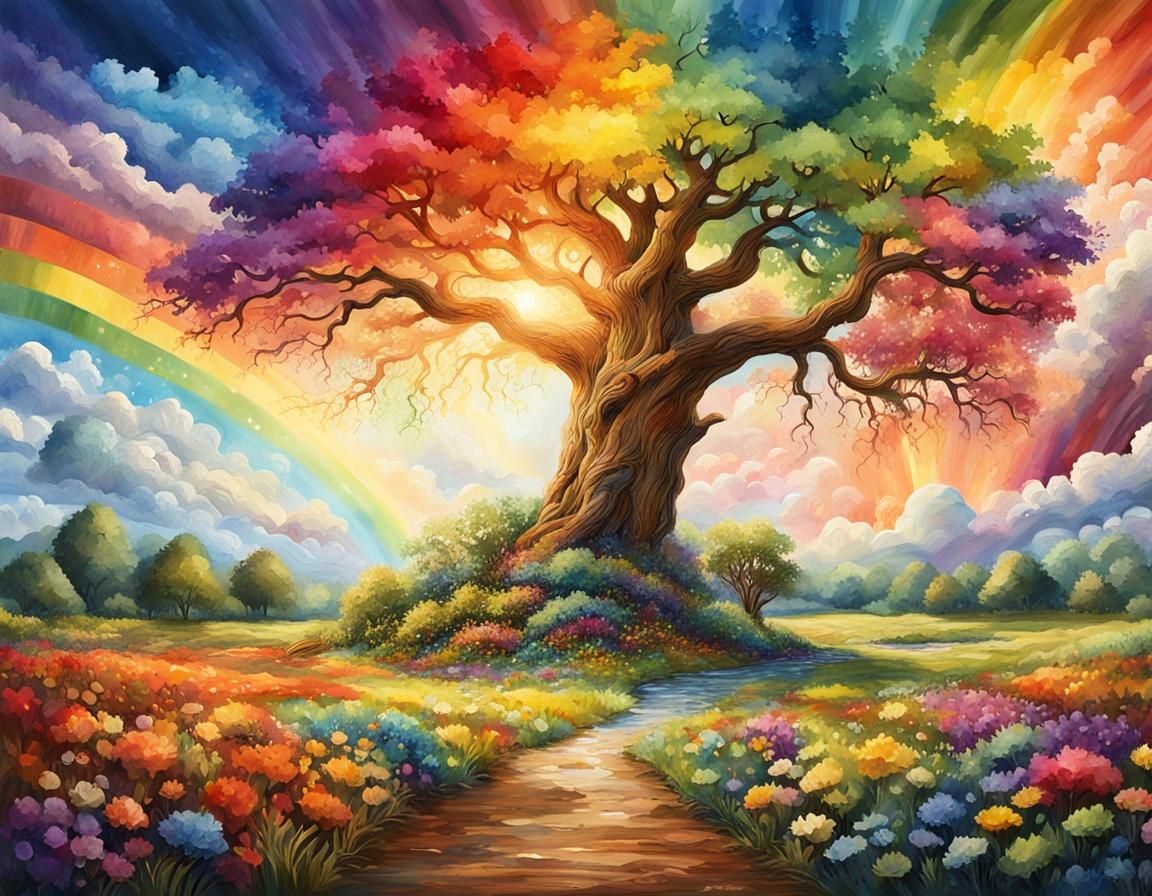 Rainbow Oak Tree Illustration with Rustic Palette