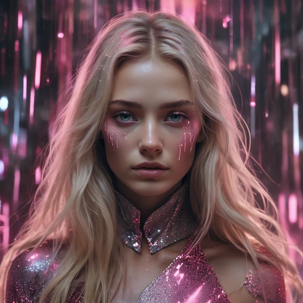 Ethereal Cyberpunk Woman Crying Light: Digital Art