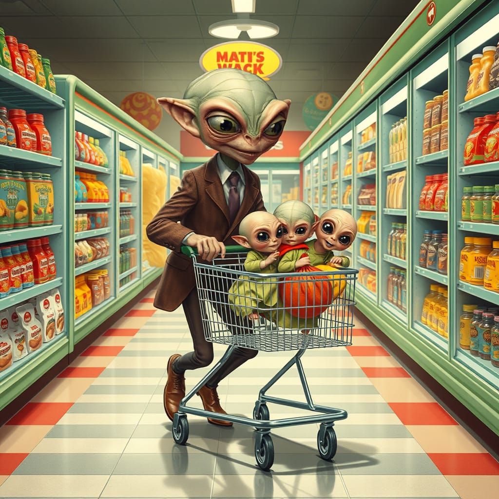 Alien Family Grocery Shopping in Retro-Futuristic 1950s Stor...