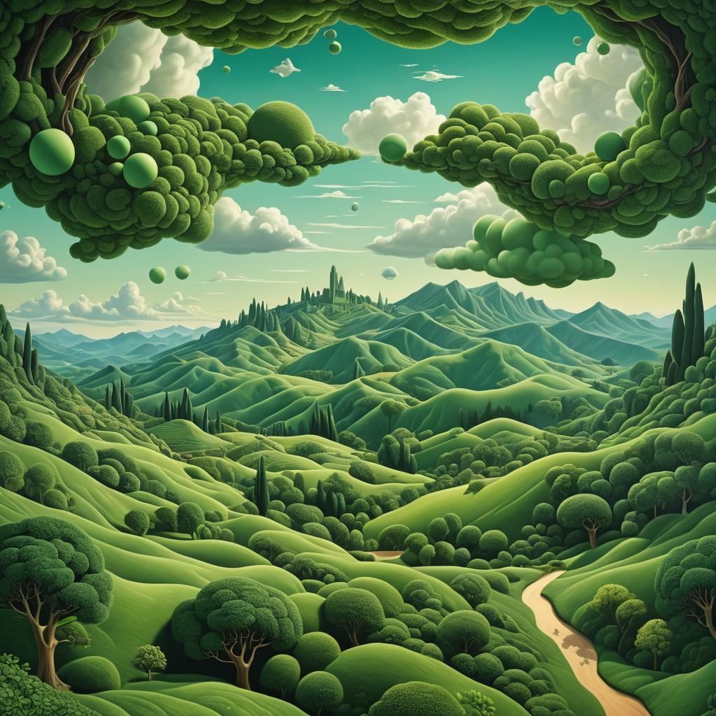 Abstract Green Valley Dreamscape in Surrealist Style