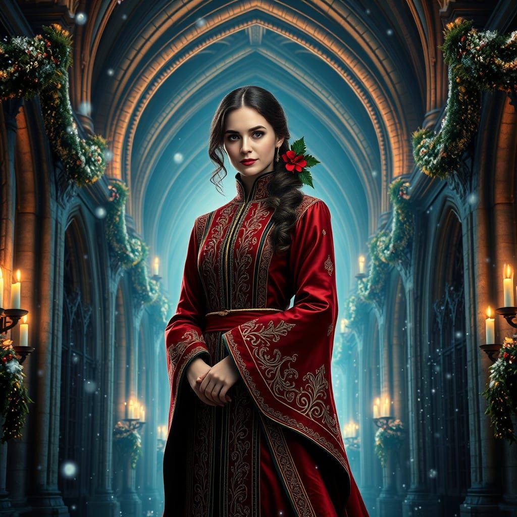 Elegant Magical Professor in Crimson Robes Amidst Snowy Hogw...