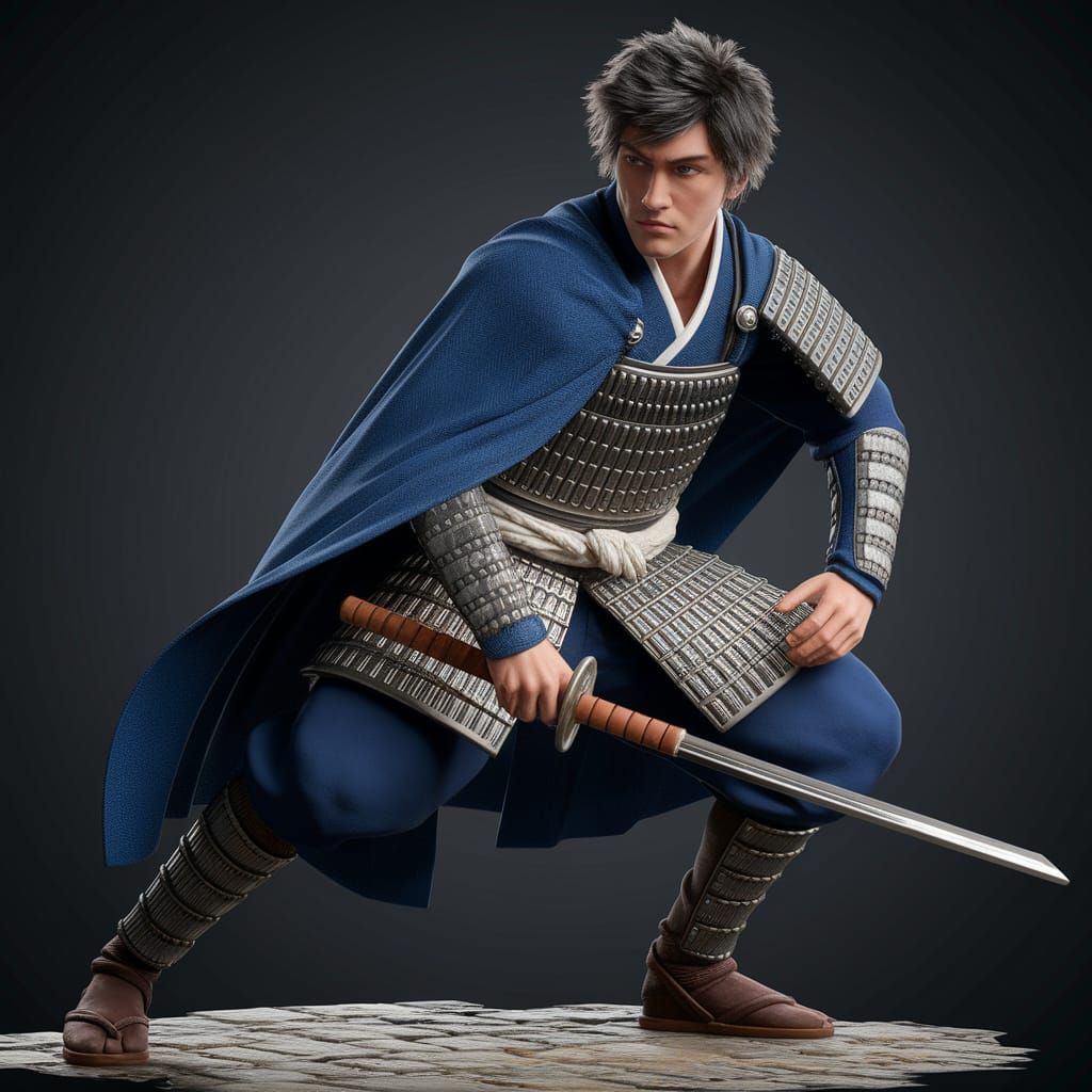 Dynamic Samurai Crouching in Silver Armor