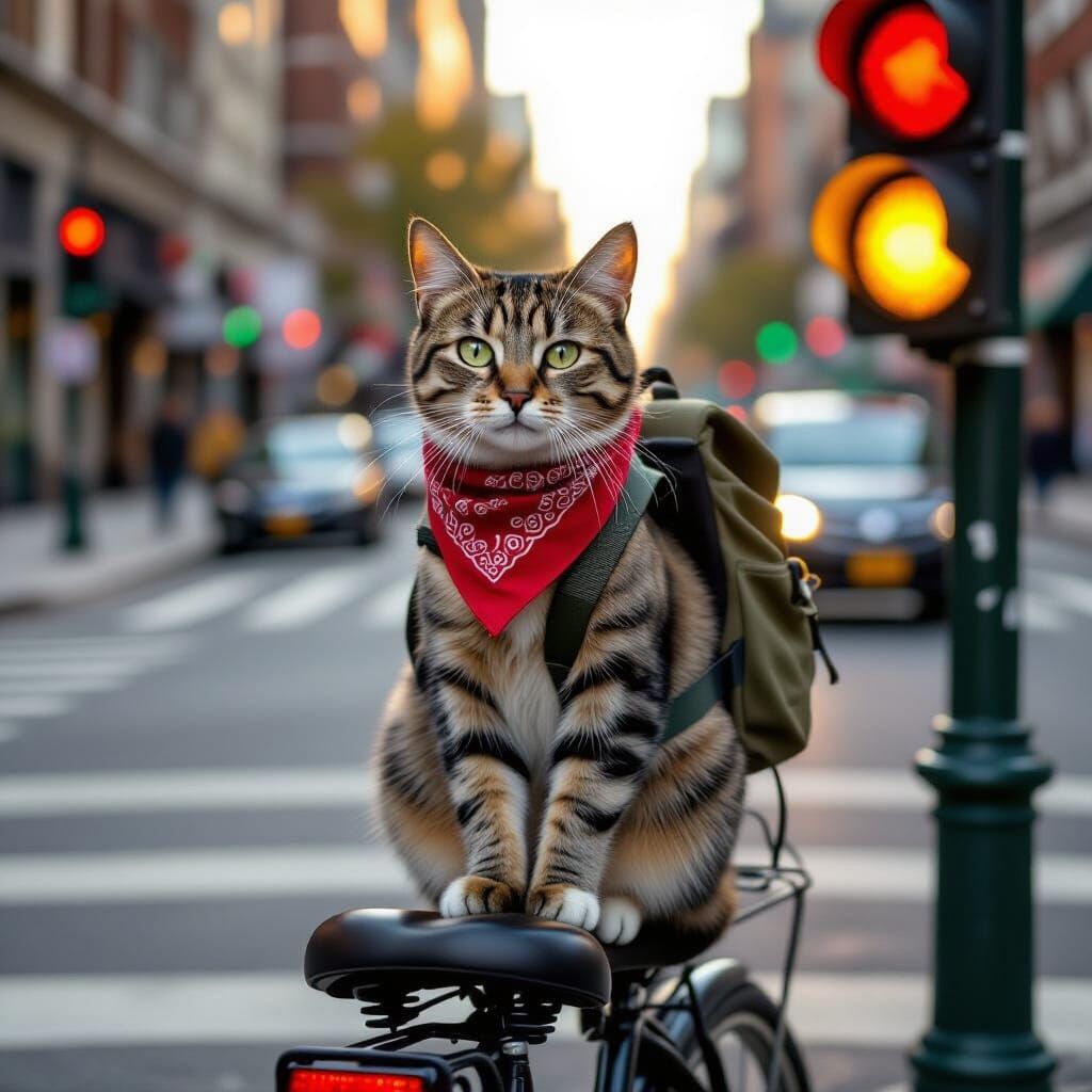 Cat Courier Pauses at Crosswalk in Photorealistic Style