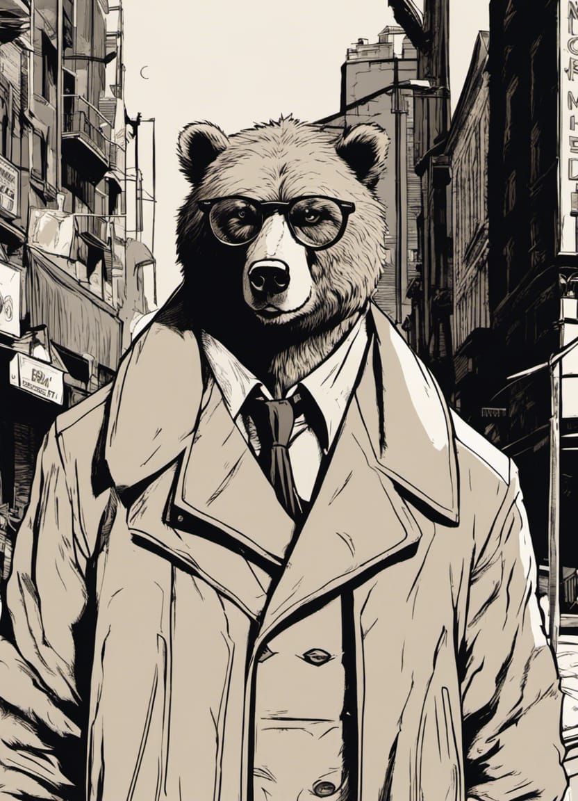 Nerdy Grizzly Bear in Film Noir Comic Style