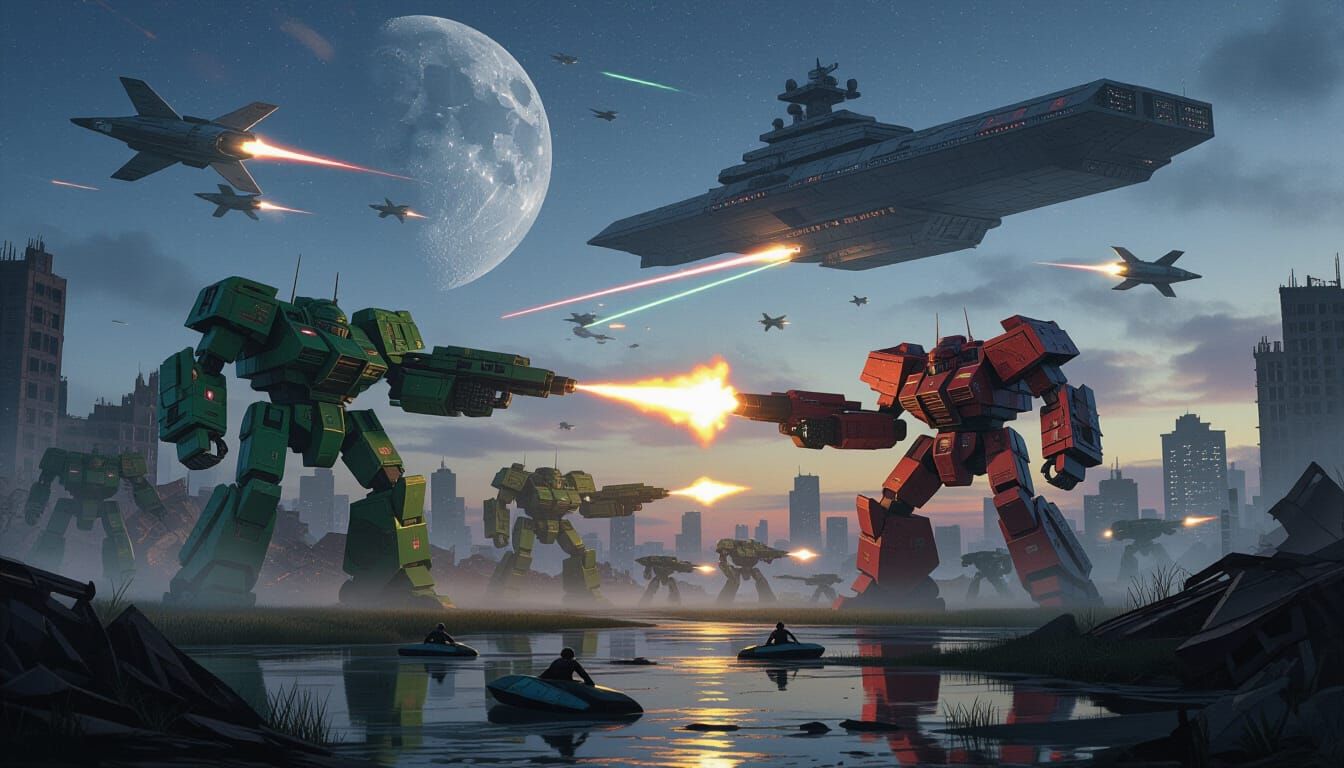 Epic Mechs Battle in Ruined Cityscape with Spacecraft